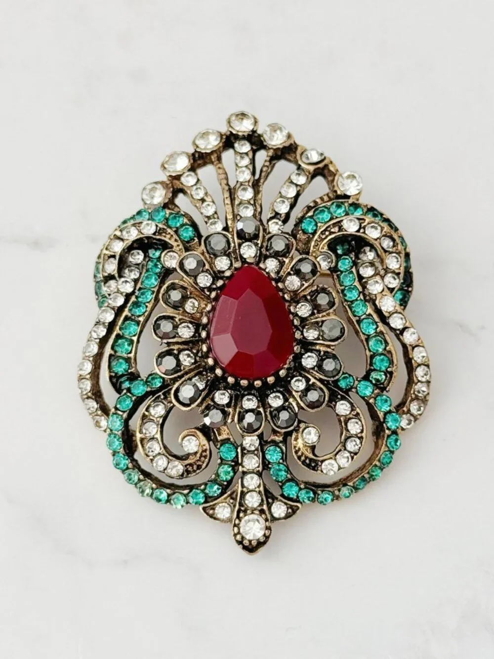 Vintage Style Red Teardrop Brooch Pin, Antique Gold Floral Statement Jewelry